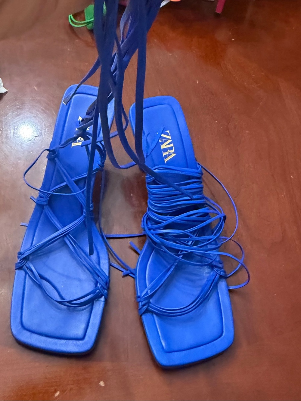 ZARA Cobalt Blue Lace-Up Square-Toe Sandals - Picture 2 of 6